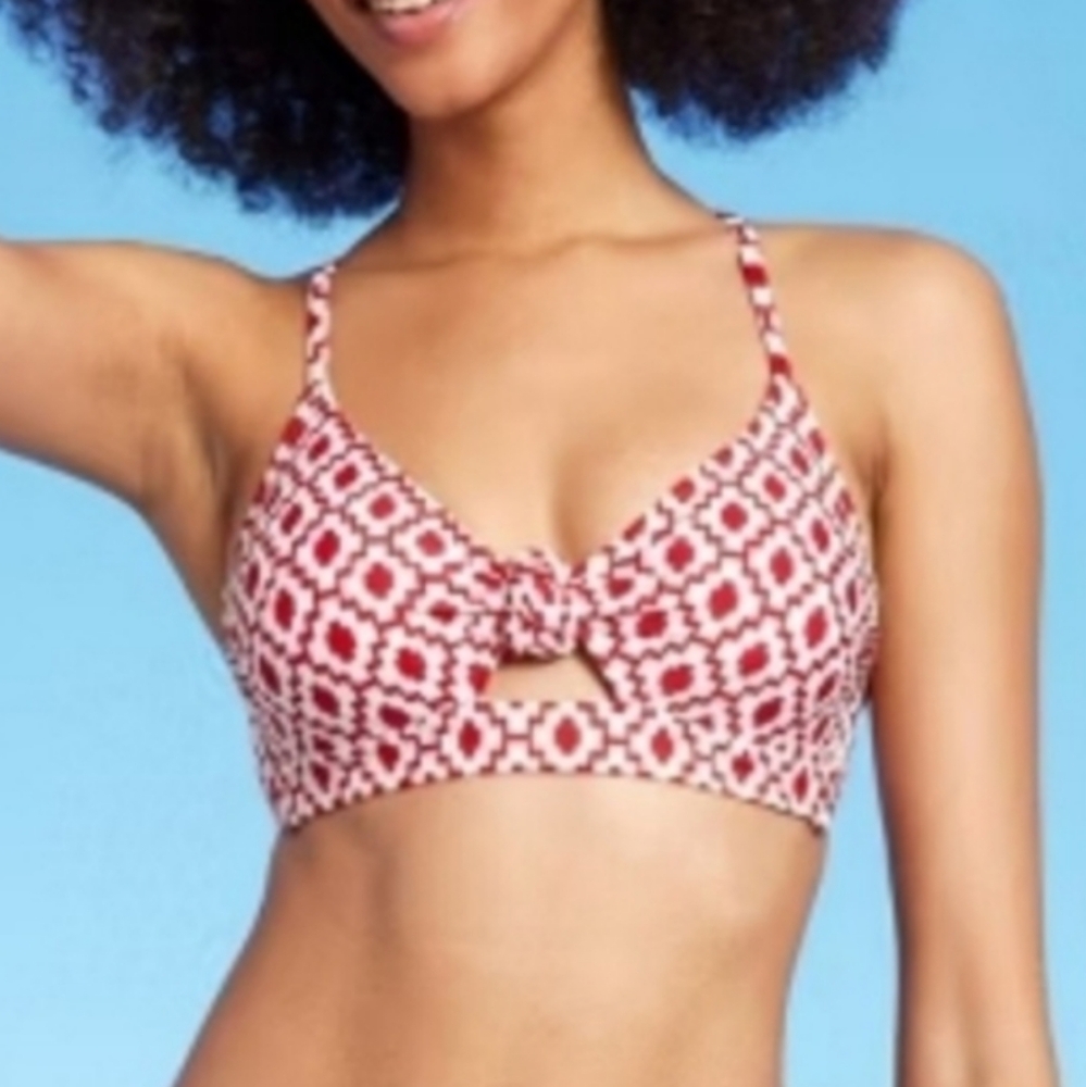 Red & Cream-Knot Top-Cross Patterned Women's Bikini Top Only!